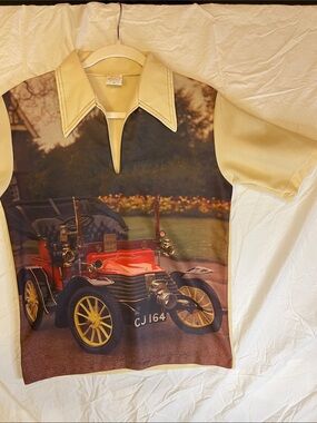 Cream Polo Shirt with Red Vintage Car Print